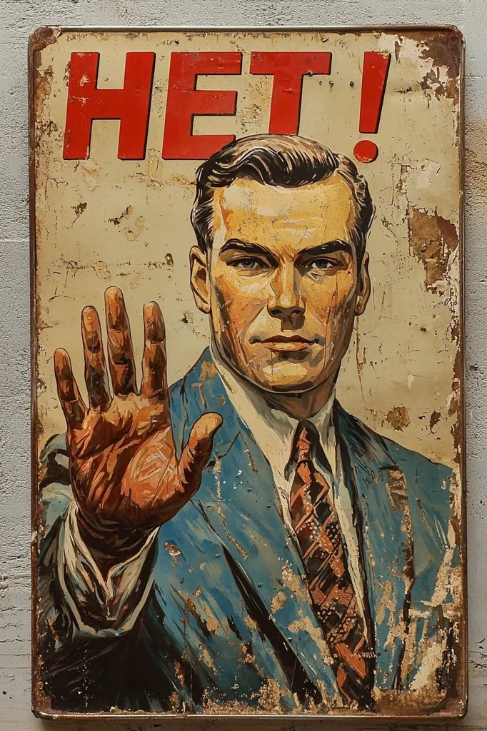 A vintage metal sign features a man in a suit, his hand raised in a stop gesture.  The word "HET!" is prominently displayed in bold red letters above him. The sign shows signs of age and wear, adding to its distressed, retro aesthetic. The image evokes a sense of prohibition or warning, possibly from a mid-20th-century campaign. The style is reminiscent of propaganda posters.