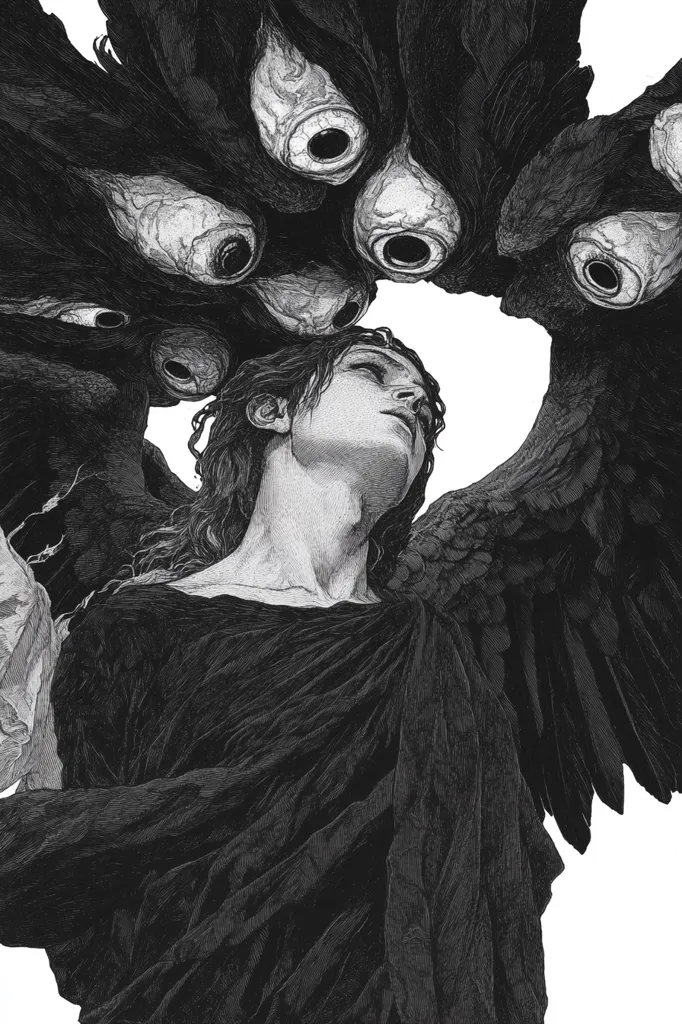 A monochromatic illustration depicts a figure with dark, feathered wings, reminiscent of an angel.  Numerous eyes, unsettlingly realistic, surround the figure's head, creating a halo-like effect.  The figure's face is serene despite the ominous imagery, and their dark robes drape elegantly. The style is highly detailed, with meticulous hatching and cross-hatching used to create a sense of depth and texture. The overall mood is dark, mysterious, and slightly disturbing.