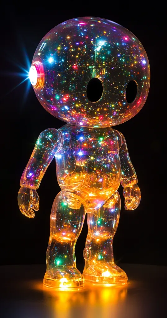 A transparent, robot-shaped figurine is illuminated from within by multicolored LED lights, creating a sparkling effect resembling a galaxy.  The figure has a round head with two dark eyeholes and stands on two legs with simple feet.  The lights cast a warm glow on the dark surface beneath it. The overall effect is whimsical and futuristic.
