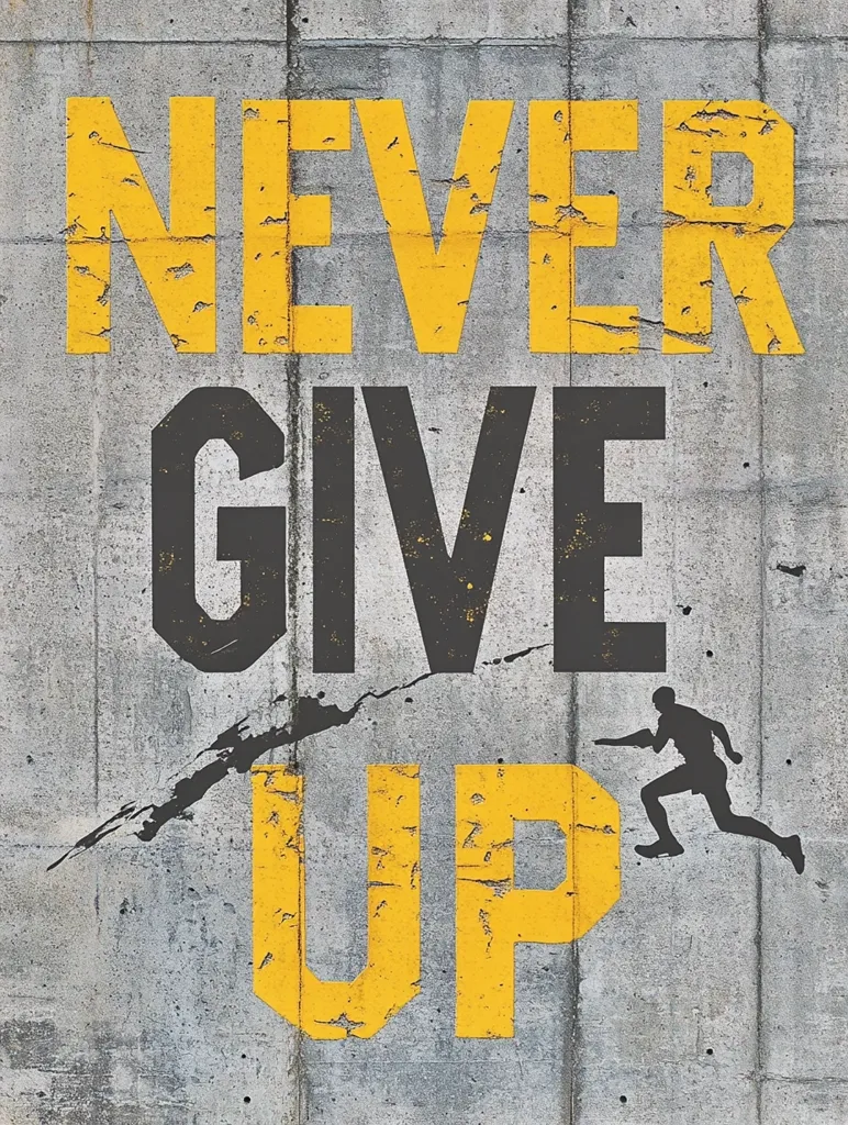A motivational poster displays "NEVER GIVE UP" in bold, distressed lettering on a textured concrete background.  The words "NEVER" and "UP" are painted yellow, while "GIVE" is black.  A silhouette of a running figure is positioned between "GIVE" and "UP," adding a dynamic element to the inspirational message.  The distressed paint effect enhances the gritty, determined feel of the design.