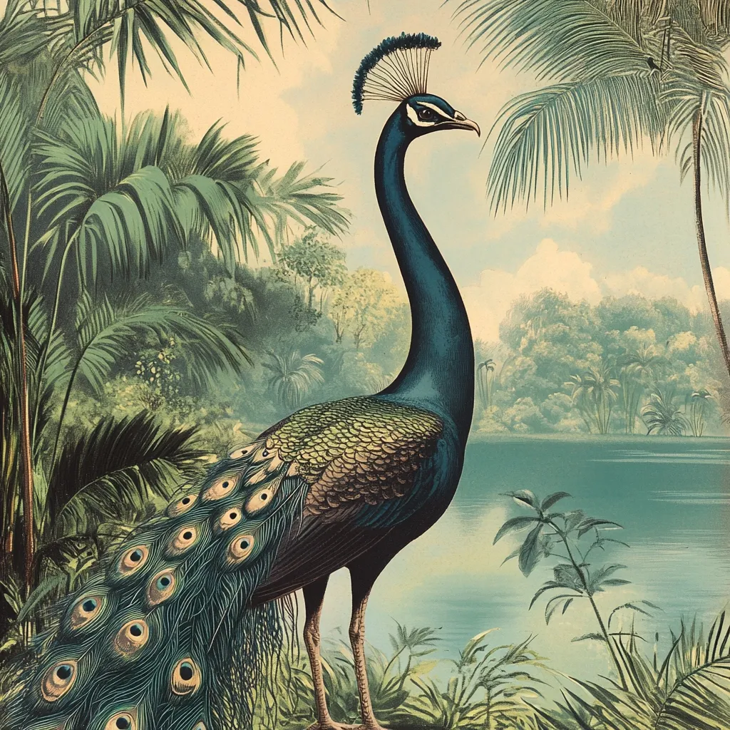 A vibrant illustration depicts a peacock in profile, its iridescent plumage a spectacle against a tranquil backdrop. Lush tropical foliage, including palm trees and verdant shrubs, frames the bird, which stands gracefully by a serene body of water. The peacock's long neck and expansive tail feathers are meticulously detailed, showcasing the artist's skill in capturing its majestic beauty.  The overall style suggests a vintage print or botanical illustration.