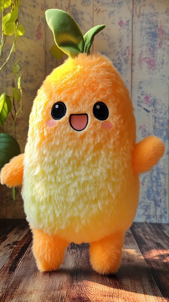 A cheerful orange plush toy, resembling a stylized citrus fruit, sits on a wooden surface.  Its fluffy texture is a blend of orange and yellow, and it features large, expressive eyes and a happy smile. A small green leaf sits atop its head.  The toy's design is cute and appealing, with a soft, cuddly appearance.