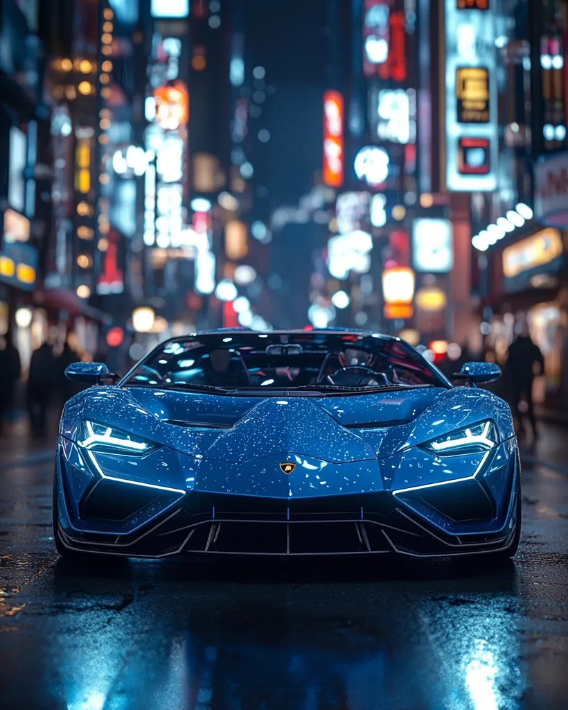 A vibrant blue Lamborghini Sian FKP 37 is captured in a breathtaking shot, parked on a rain-slicked city street at night.  The backdrop is a blur of neon lights and bustling city life, creating a striking contrast against the sleek lines of the supercar. Raindrops cling to the car's polished surface, reflecting the surrounding lights. The scene is atmospheric and dynamic.