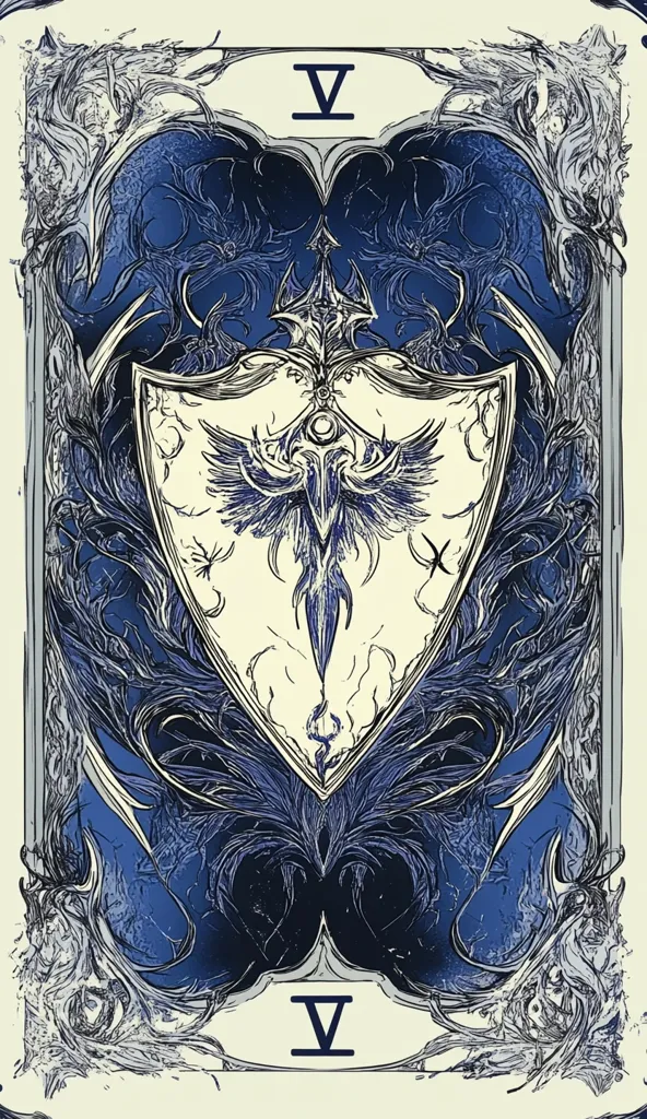 A stylized illustration resembling a playing card, predominantly in shades of blue and cream.  A central, ornate shield features a winged, sword-like figure.  Intricate, dark blue, organic patterns frame the shield, creating a gothic or Art Nouveau aesthetic. The Roman numeral "V" is displayed at the top and bottom, suggesting a card's value. The overall style is detailed and evocative of fantasy or occult imagery.