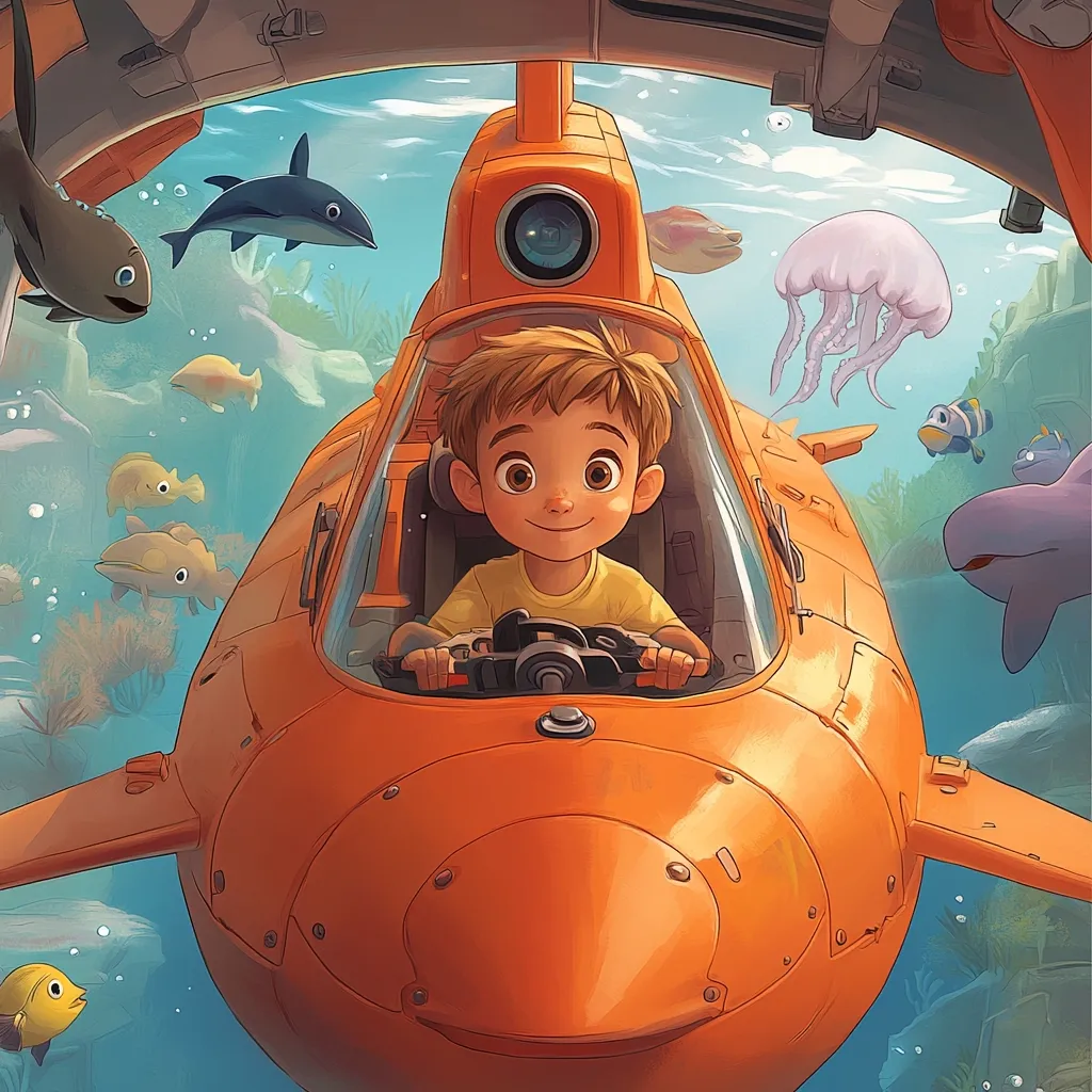 A young boy with a cheerful expression pilots a bright orange mini-submarine underwater.  Surrounding him are various colorful fish, a jellyfish, and coral. The submarine's design is whimsical and childlike, suggesting an adventurous underwater exploration.  The overall scene is vibrant and playful, capturing a sense of underwater wonder.