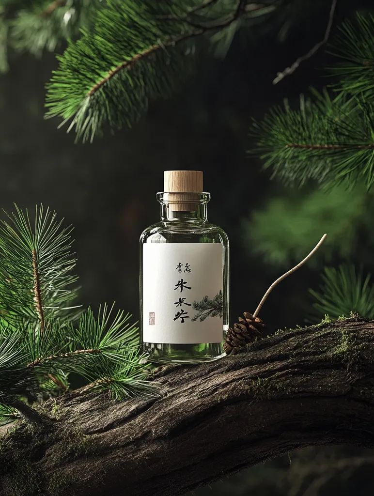 A clear glass bottle with a wooden stopper rests on a moss-covered log.  The bottle is labeled with elegant Asian calligraphy and a pine branch illustration, suggesting a natural or herbal product.  Surrounding the bottle are lush green pine branches, creating a serene and natural setting. The overall mood is calm and sophisticated.