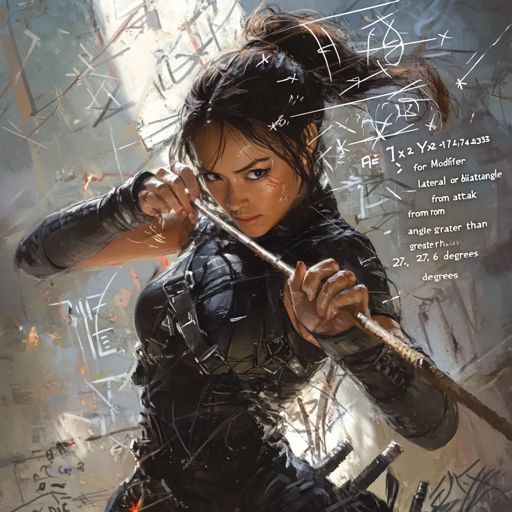 A determined young woman, clad in dark tactical gear, grips a staff with intense focus.  Her expression is serious, her gaze unwavering.  Scratches mark her cheek, hinting at recent combat. The background is a blurred canvas of graffiti and equations, adding to the gritty, action-oriented atmosphere of the piece.  Her pose suggests a moment of poised attack, ready to strike.