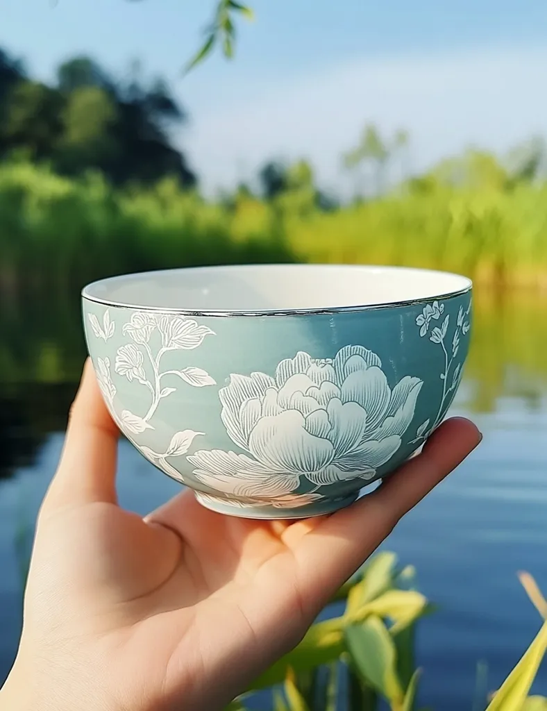 A hand holds a teal ceramic bowl adorned with a delicate white floral pattern.  The bowl features a subtle silver rim and showcases large peony-like blossoms and smaller floral details.  The background is a blurred landscape of green vegetation and tranquil water, suggesting a serene outdoor setting.  The image emphasizes the bowl's elegant design and calming aesthetic.