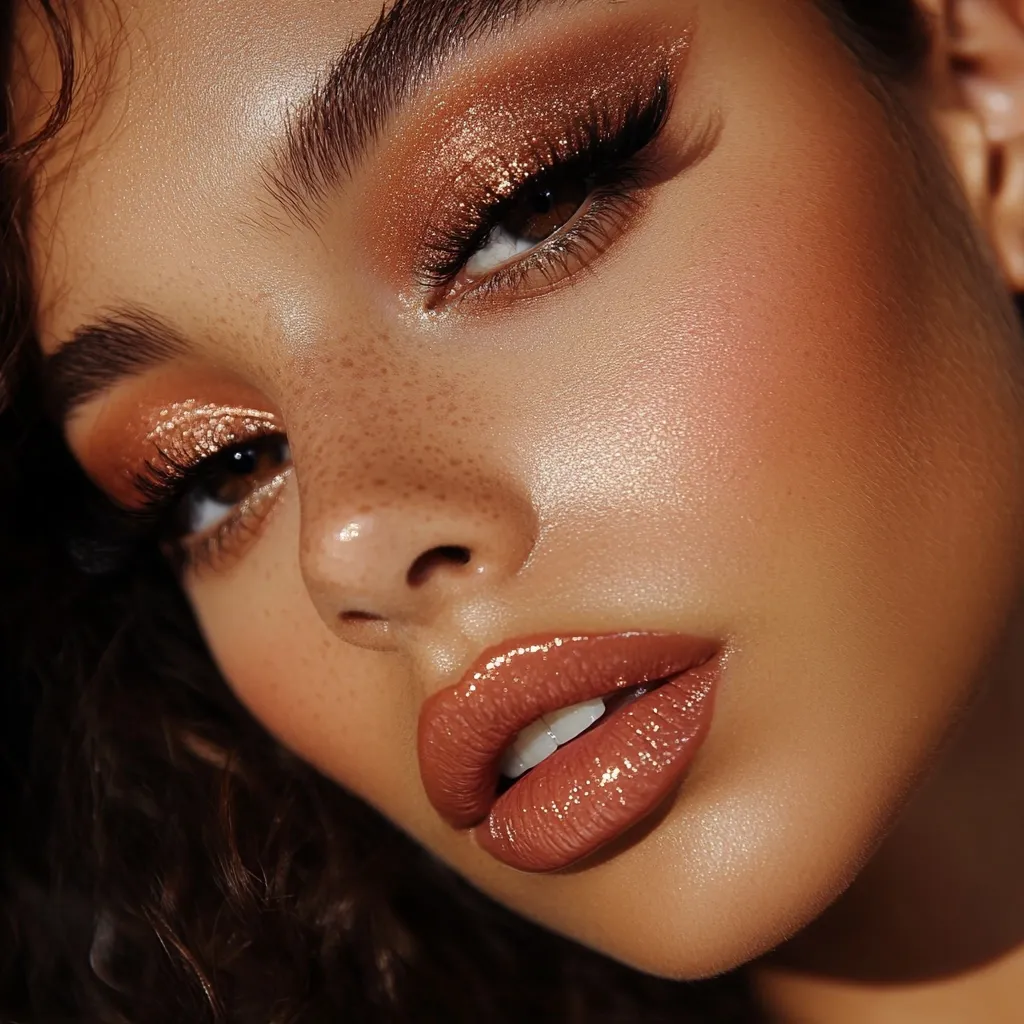 Close-up of a woman's face showcasing a glamorous makeup look.  Her eyes feature a shimmering bronze eyeshadow with a winged liner and long lashes.  A glossy, terracotta-toned lipstick complements the warm eyeshadow.  Her skin has a radiant glow, accented by subtle freckles. The overall effect is a sun-kissed, sophisticated beauty.