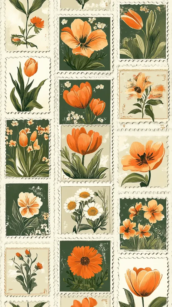 A repeating pattern of vintage-style postage stamps features various orange and white flowers.  Each stamp showcases a different bloom, including tulips, poppies, and daisies, rendered in a retro botanical illustration style.  The stamps are arranged in a grid on a cream background, creating a cohesive and aesthetically pleasing design. The dark green stamp backgrounds provide a striking contrast to the bright floral imagery.