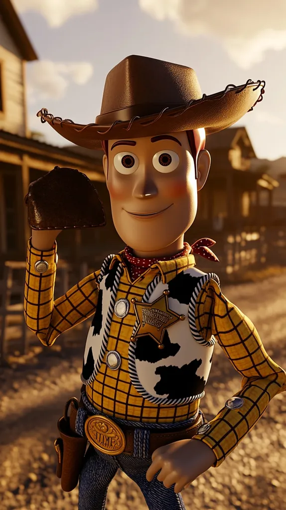 A 3D-rendered model of Woody from Toy Story stands in a dusty, western-style setting. He's dressed in his iconic cowboy attire: a brown hat, yellow plaid shirt, and sheriff's star. His expression is friendly, and he holds a small, dark object in his left hand.  The warm, golden light suggests a sunset.  The overall image is highly detailed and realistic.
