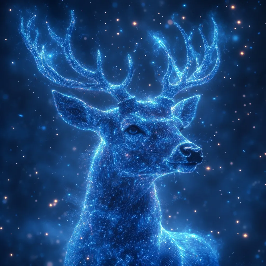 A majestic deer, rendered in glowing blue particles, is depicted against a dark blue, star-dusted background.  Its antlers are elegantly spread, and its form is ethereal, suggesting a magical or celestial being. The image evokes a sense of wonder and tranquility, ideal for winter or holiday themes.  The deer's gaze is calm and serene, adding to the overall peaceful atmosphere.