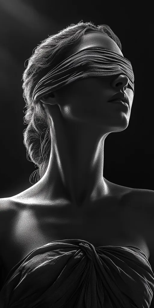A black and white portrait of a woman with a fabric blindfold covering her eyes.  The image is dramatically lit, highlighting her shoulders and neck. Her hair is pulled back, and she wears a simple, draped garment. The overall mood is one of mystery and quiet contemplation.  The contrast between light and shadow is striking, creating a powerful visual effect.