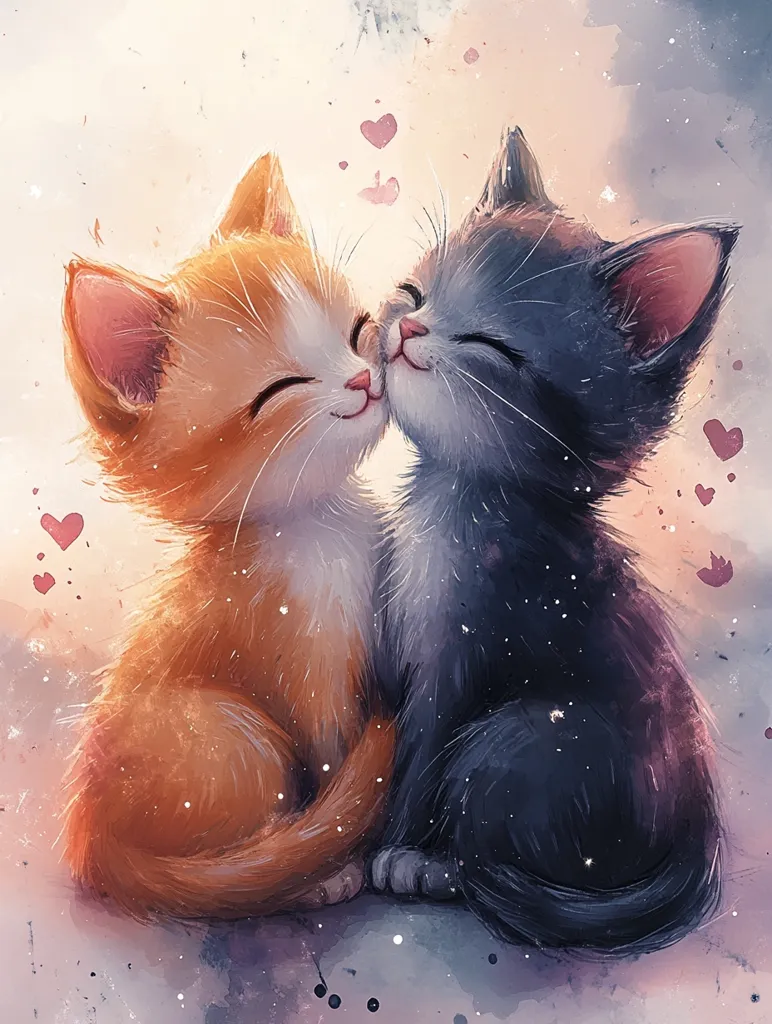 An adorable illustration depicts two kittens, one orange and one gray, nuzzling affectionately.  Their eyes are closed, conveying a sense of warmth and contentment.  Small hearts float around them, enhancing the romantic and sweet atmosphere.  The artistic style is soft and dreamy, with watercolor-like textures and a pastel color palette. The overall impression is one of pure love and gentle affection.