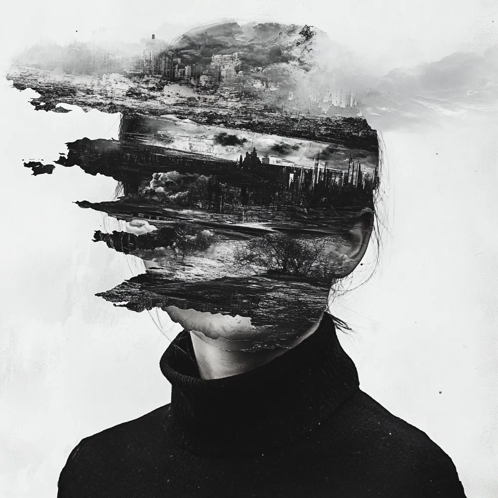 A monochromatic double exposure image portrays a person's head and shoulders, their face overlaid with a fragmented cityscape. The city, rendered in shades of gray, suggests a post-apocalyptic or dystopian environment.  The contrast between the individual's serene posture and the chaotic landscape within creates a powerful visual metaphor, exploring themes of inner turmoil, environmental concern, or the weight of urban existence.