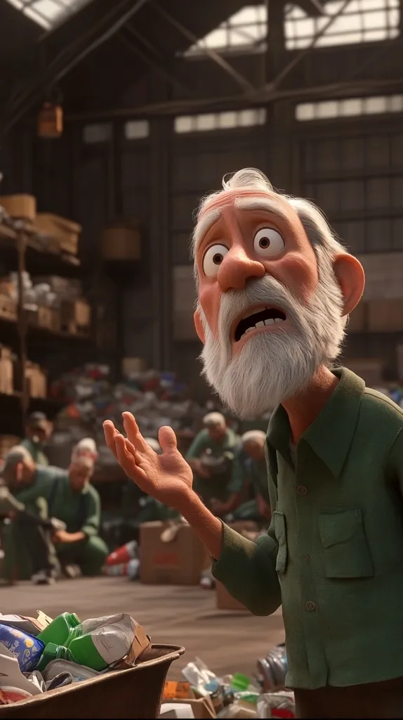 An animated elderly man with a surprised expression gestures with his hand amidst a cluttered recycling facility.  He's wearing a green shirt and has a long white beard.  The background shows numerous people in similar attire working amongst piles of discarded materials. The scene conveys a sense of urgency or bewilderment.
