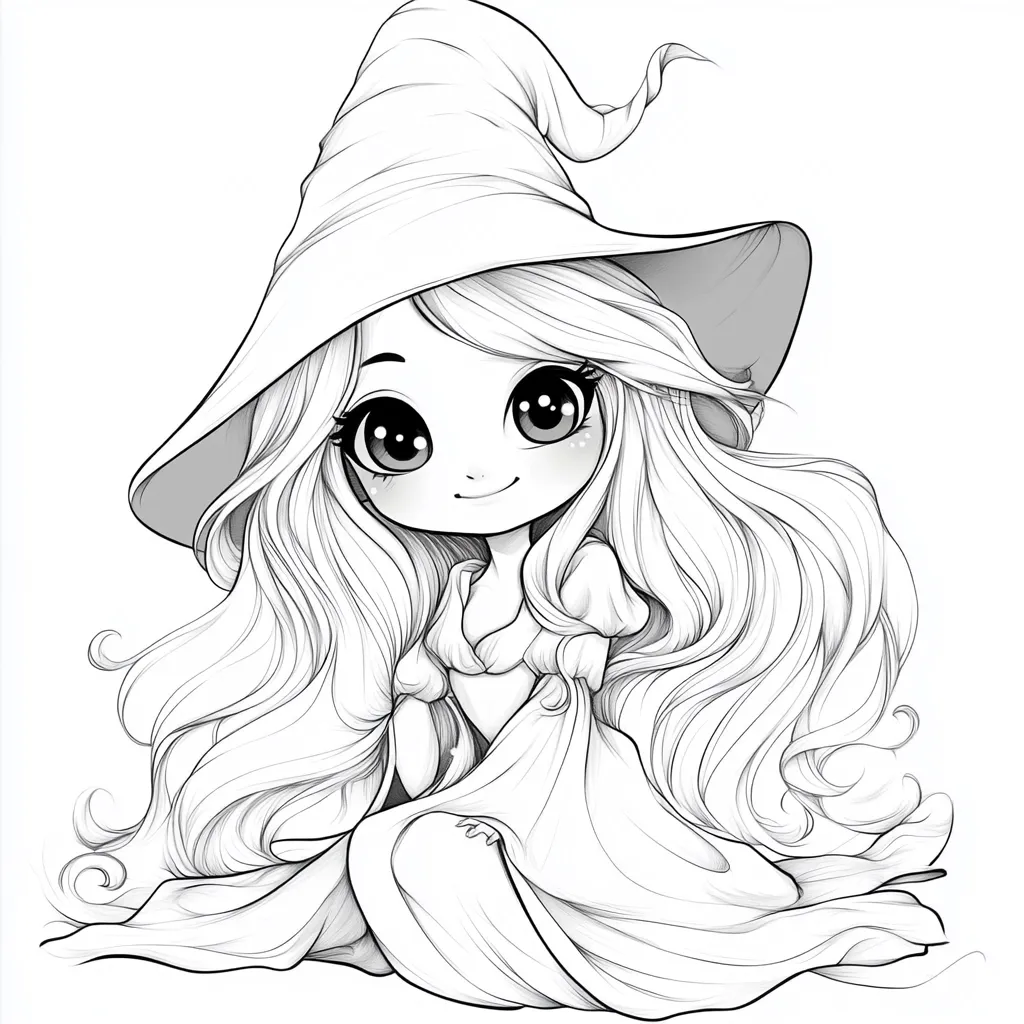 A charming line drawing of a young witch. She possesses large, expressive eyes, long flowing hair, and a pointed witch's hat. Her dress is elegantly simple, flowing around her as she sits.  The style is reminiscent of kawaii or chibi art, emphasizing cuteness and large features. The image is suitable for coloring.