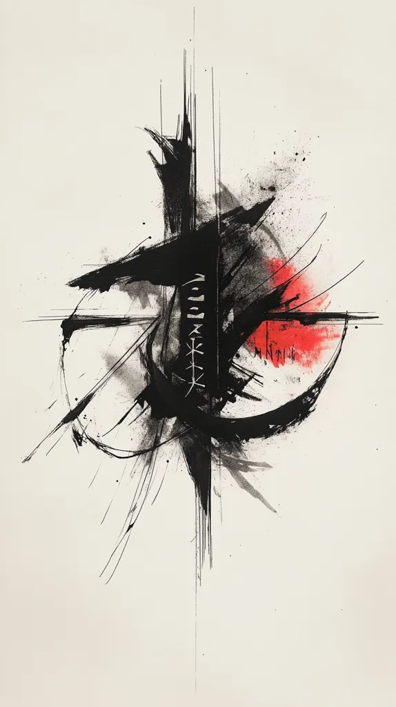 The artwork is an abstract expressionist piece dominated by bold black brushstrokes.  These strokes create a central, almost calligraphic form, interwoven with thinner lines radiating outward. A splash of red provides a contrasting accent near the center. The style suggests a dynamic energy, possibly influenced by Eastern ink painting techniques. The overall effect is one of powerful movement and controlled chaos on a light beige background.
