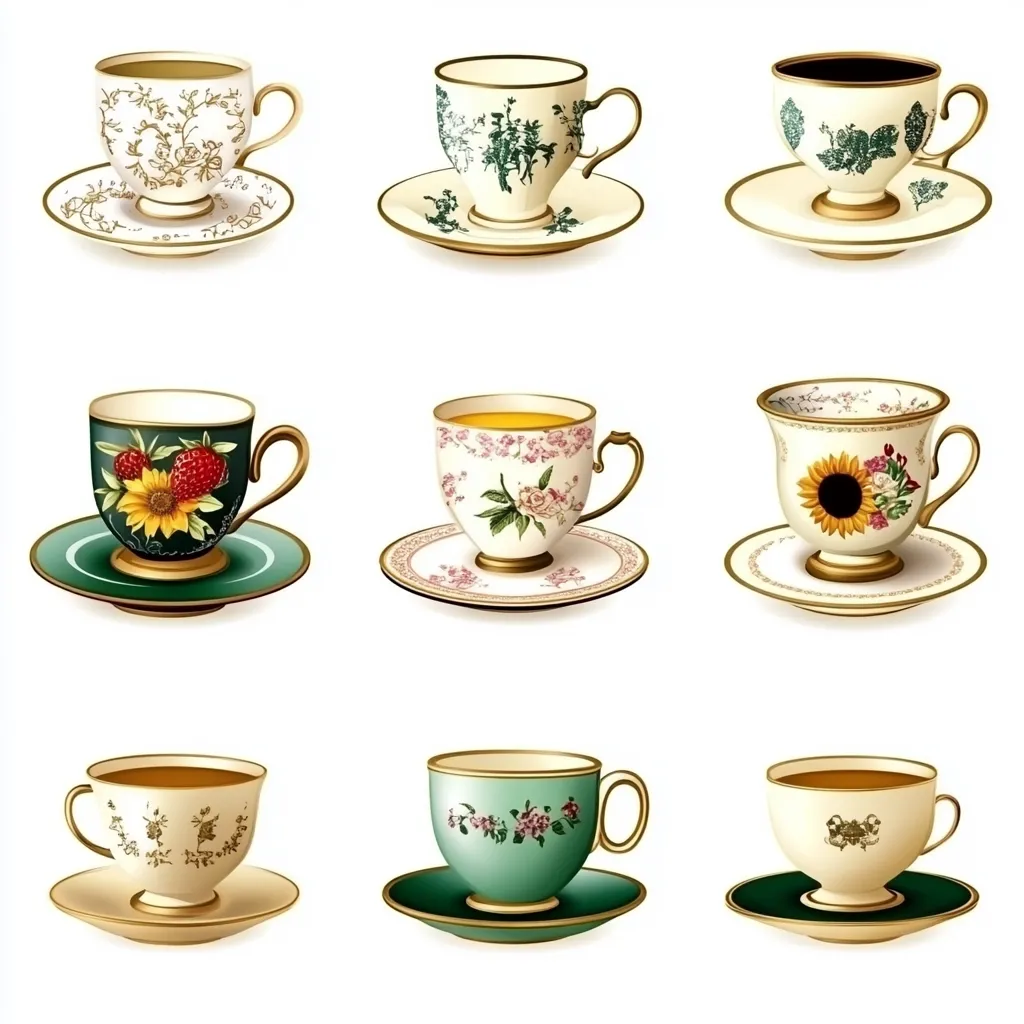 Nine elegant teacups and saucers are displayed, each featuring unique floral designs and color palettes.  The cups are depicted with varying tea or coffee levels, showcasing delicate gold trim and ornate patterns.  They present a collection of vintage-inspired teaware, ideal for a sophisticated afternoon tea setting.