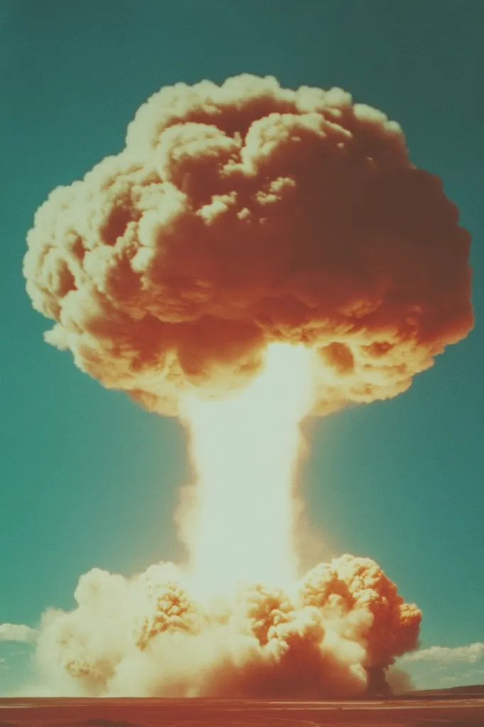 A mushroom cloud rises from a nuclear explosion.  The massive cloud is predominantly orange and tan, with a bright, luminous column extending down from its peak.  A plume of smoke and debris billows outwards at the base, contrasting against a clear, teal sky. The landscape below appears desolate and flat. The image is a powerful depiction of the destructive force of nuclear weaponry.