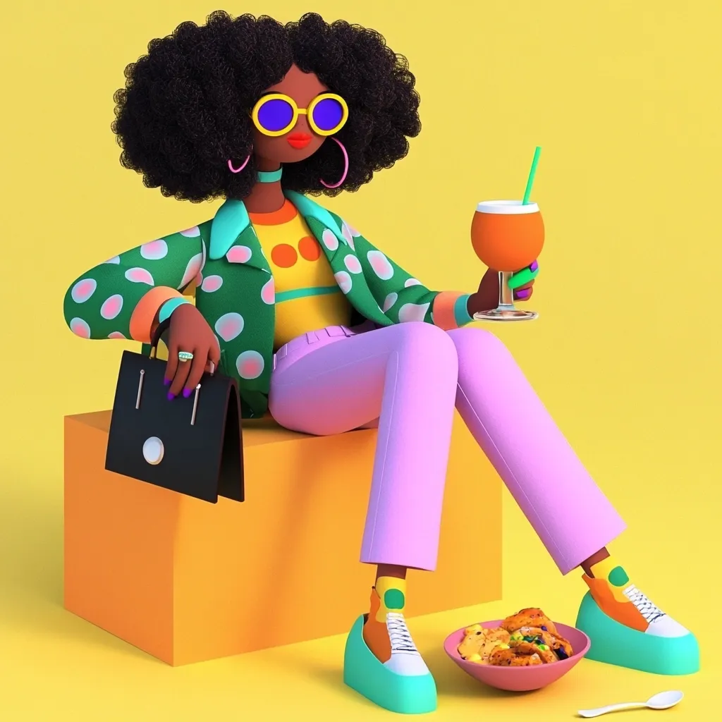 A stylish 3D-rendered Black woman with a large afro sits on a yellow cube. She wears a green polka-dot jacket, lavender pants, and turquoise sneakers.  She holds a glass of orange juice and a black purse.  A bowl of food sits beside her, adding to the vibrant, colorful scene.  Her sunglasses and jewelry complete her fashionable look.