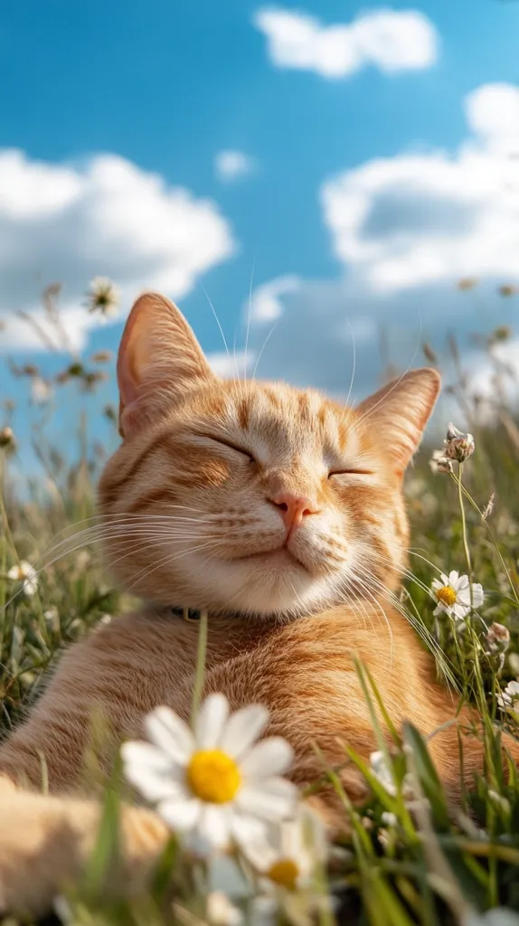 A ginger cat naps peacefully in a field of daisies under a bright blue sky.  Its eyes are closed, and it appears content and relaxed. The sun shines brightly, illuminating the cat's fur and the surrounding wildflowers.  The scene is idyllic and evokes a feeling of warmth and tranquility.
