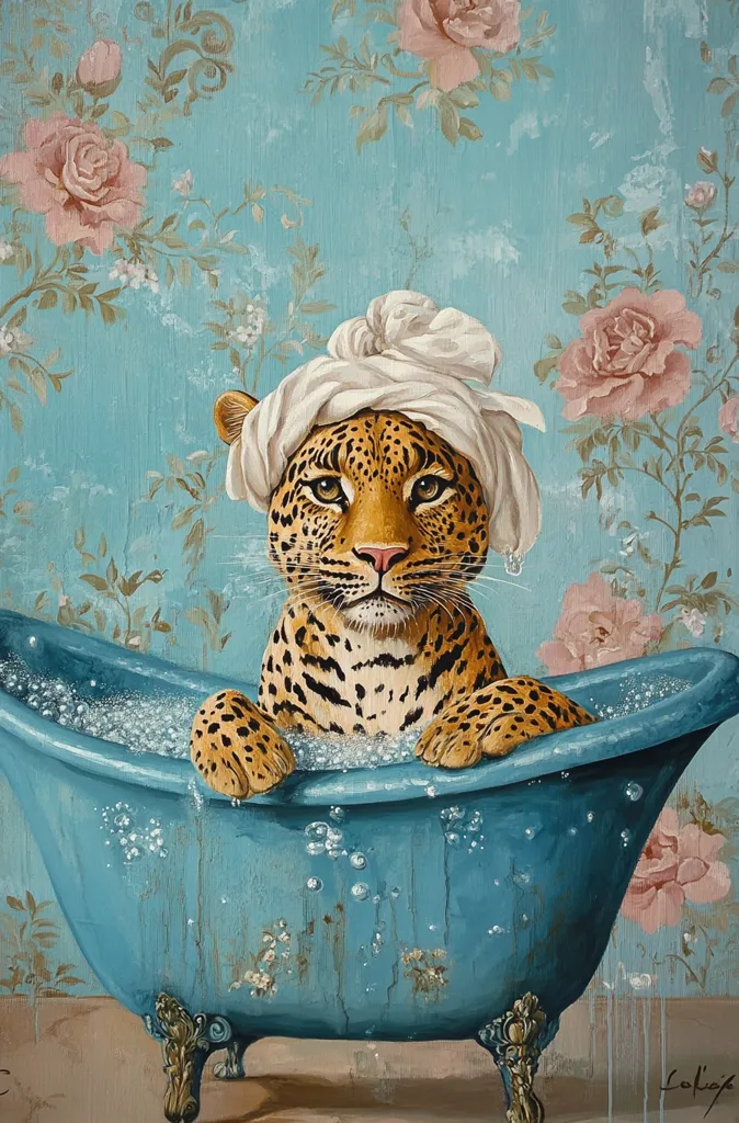 A leopard, wearing a white towel turban, sits in a teal claw-foot bathtub filled with bubbles.  The backdrop is a vintage-style teal wallpaper adorned with pink roses. The scene is whimsical and meticulously painted, blending animal portraiture with a touch of surrealism and a vintage aesthetic. The leopard's expression is serene, enhancing the overall calming effect of the artwork.