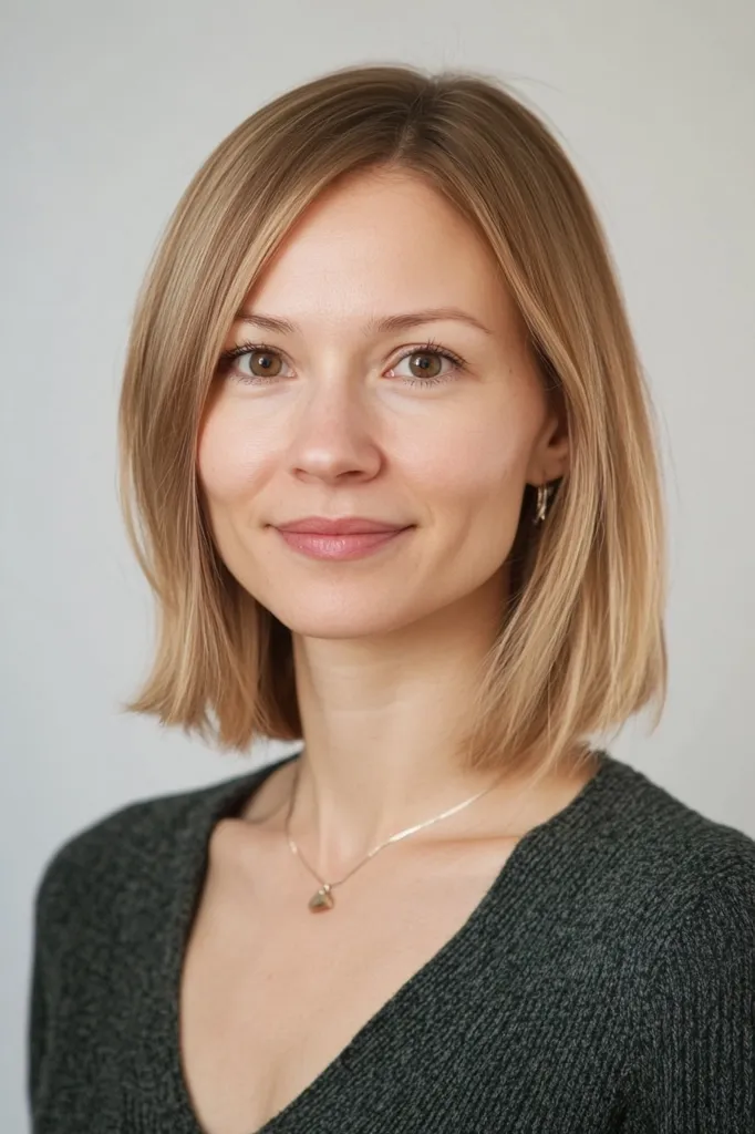 A young woman with shoulder-length blonde hair smiles gently at the camera.  She wears a dark gray v-neck sweater and a delicate silver necklace with a small pendant.  Her expression is friendly and approachable, her makeup is minimal, and her skin has a clear complexion. The background is a plain light gray.