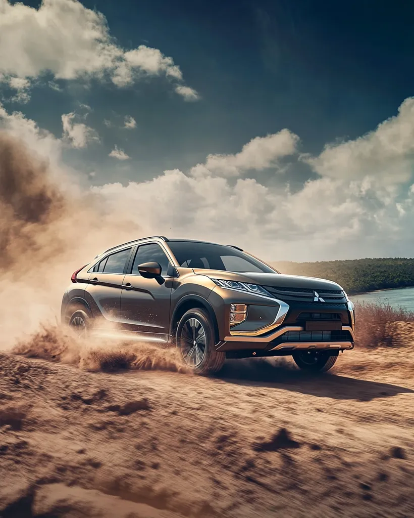 A bronze Mitsubishi Eclipse Cross SUV powerfully navigates a sandy terrain, kicking up a cloud of dust.  The vehicle is shown in motion, emphasizing its robust build and off-road capabilities.  The backdrop features a partly cloudy sky and a tranquil body of water, enhancing the adventurous feel of the image.