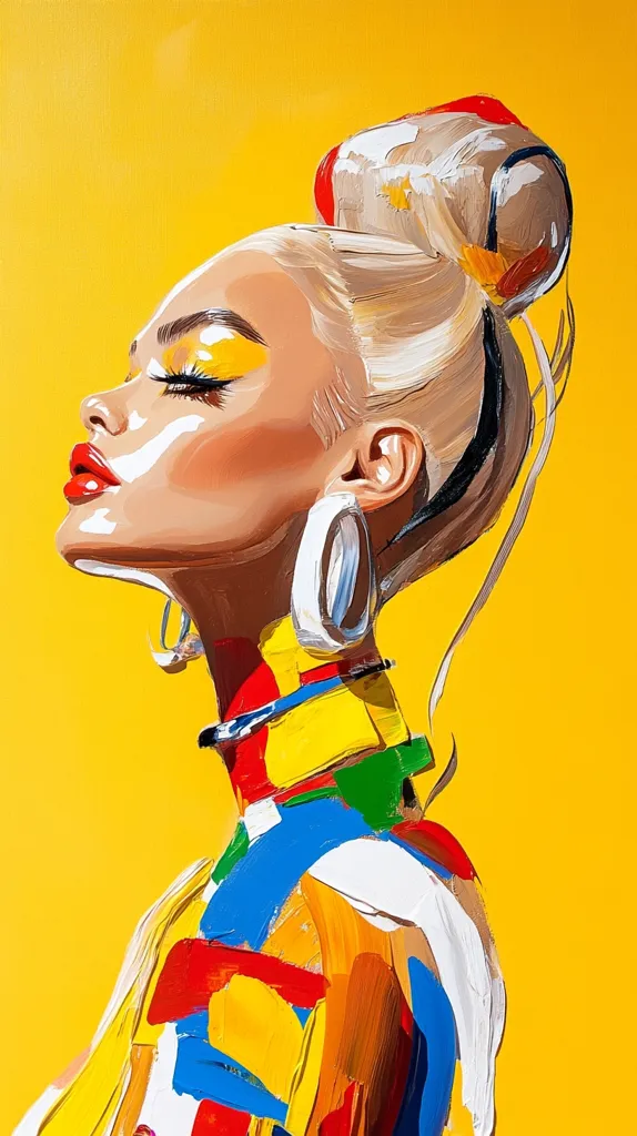 A vibrant, stylized portrait of a woman against a bold yellow background.  Her hair is styled in a high bun, and she wears large, white hoop earrings.  Her clothing is a riot of colorful, abstract brushstrokes in blues, reds, yellows, and greens.  The painting is characterized by thick, impasto paint application, giving it a textured and dynamic feel.  Her expression is serene and confident.