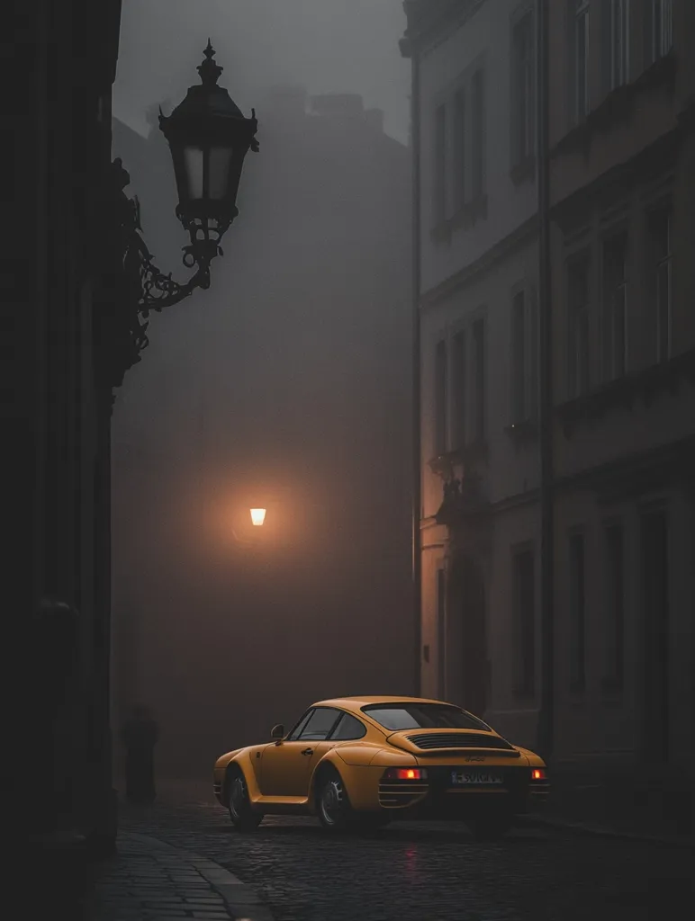 A yellow Porsche 928 sits on a cobblestone street shrouded in fog.  The car is parked between tall, dark buildings, illuminated faintly by a street lamp and a single light further down the lane.  The atmosphere is moody and atmospheric, with the fog adding a sense of mystery to the scene.  An ornate lamppost is visible on the left, adding to the old-world charm.