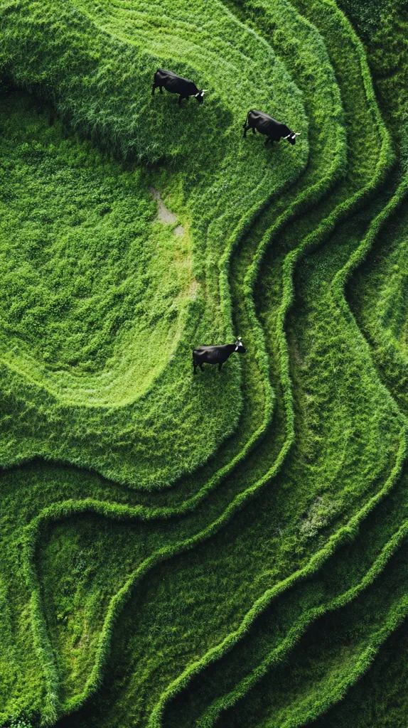 An aerial view captures three black cows grazing on lush, undulating green hills. The landscape is characterized by flowing, terraced lines carved into the hillside, creating a visually striking contrast between the animals and the vibrant greenery. The image suggests a tranquil rural setting, possibly in a mountainous region. The vibrant green hues dominate the scene, emphasizing the richness and texture of the terrain.