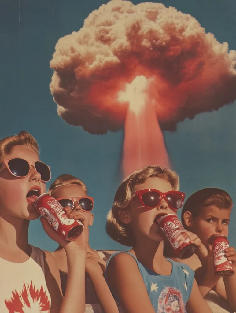 A retro-styled image depicts four children, sporting 1950s attire and sunglasses, enjoying soda cans.  A large atomic mushroom cloud looms ominously in the background, creating a stark contrast between carefree youth and the threat of nuclear war. The vibrant colors and contrasting imagery produce a striking, thought-provoking effect.