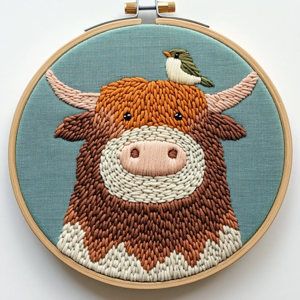 A charming embroidery hoop features a Highland cow portrait.  The cow's textured fur is meticulously stitched in shades of brown and cream, complemented by a tiny bird perched atop its head.  The background is a soft teal fabric, enhancing the overall whimsical and heartwarming aesthetic of the piece. The detailed stitching showcases the artist's skill and creates a delightful, cozy atmosphere.