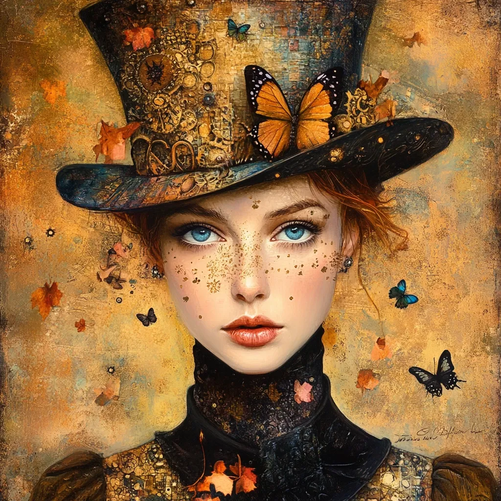 A young woman with auburn hair and blue eyes is depicted wearing an intricately designed top hat adorned with butterflies and autumn leaves.  The style is fantastical realism, with a richly textured background of golds and browns.  She has delicate freckles and a serious expression, her attire suggesting a steampunk or Victorian aesthetic.  Small butterflies flutter around her, adding to the dreamlike quality of the portrait.