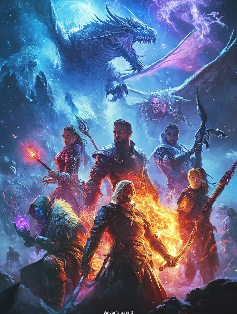 A dramatic fantasy artwork depicts a party of adventurers facing a colossal dragon.  Fiery and icy magic swirl around them.  The characters, a diverse group of warriors and mages, stand defiantly, weapons drawn.  A looming dragon dominates the background, its wings spread wide, creating a powerful and intense scene.  The image is captioned "Baldur's Gate 3," suggesting a connection to the popular video game.