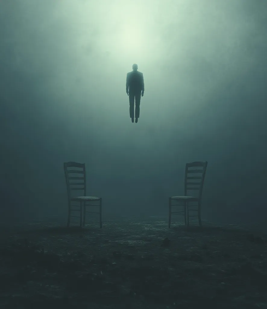 A solitary figure, dressed in a suit, levitates in a dimly lit, misty environment.  Two empty chairs sit opposite each other on the desolate ground below. The overall mood is eerie and mysterious, suggestive of loneliness, contemplation, or a supernatural event. The scene is rendered in muted, dark tones, enhancing the sense of unease.