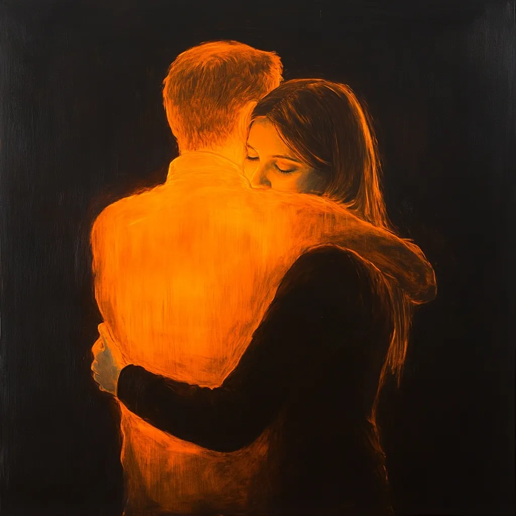 A painting depicts a tender embrace between a man and a woman.  The couple is bathed in a vibrant orange glow against a dark background, highlighting their closeness. The woman's head rests on the man's back, her arms wrapped tightly around him. The style is impressionistic, with loose brushstrokes creating a sense of warmth and intimacy. The overall mood is one of love and comfort.