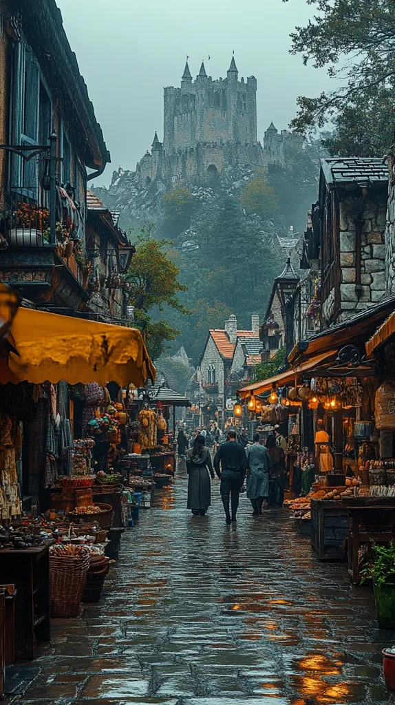 A charming medieval-style street, glistening under a rainy sky, leads towards a majestic castle perched atop a misty hill.  Cobblestone streets are lined with quaint shops displaying goods under awnings.  People stroll through the picturesque scene, creating a captivating and atmospheric image. The overall mood is one of serene beauty and old-world charm.