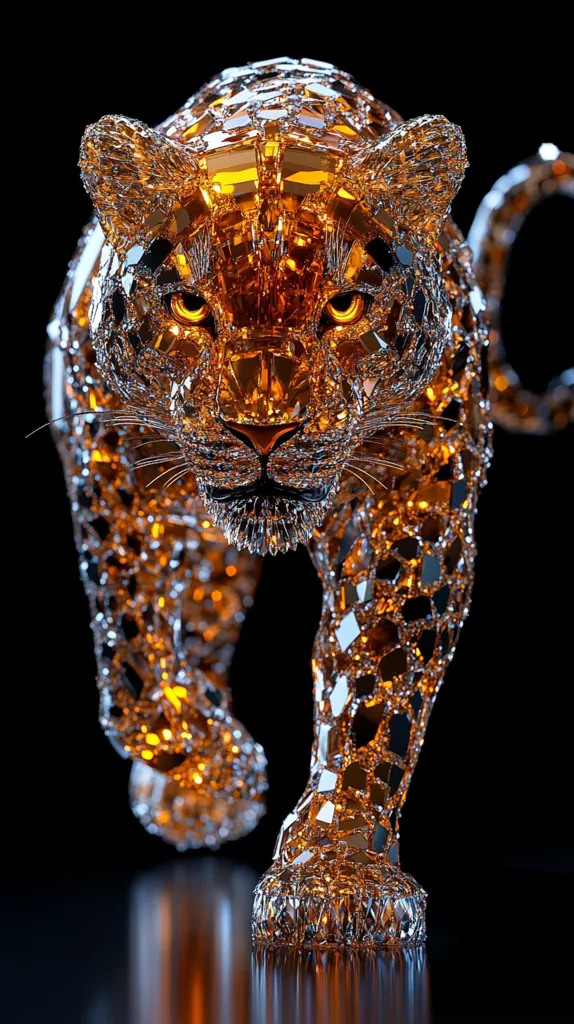 A stunning, digitally rendered sculpture of a leopard is depicted.  Its body is composed of countless golden, multifaceted fragments, creating a dazzling, almost crystalline effect. The leopard's intense gaze is directed forward, enhancing its powerful presence.  The dark background contrasts sharply with the glittering sculpture, emphasizing its intricate detail and luxurious appearance.  The overall impression is one of elegance and wild beauty.