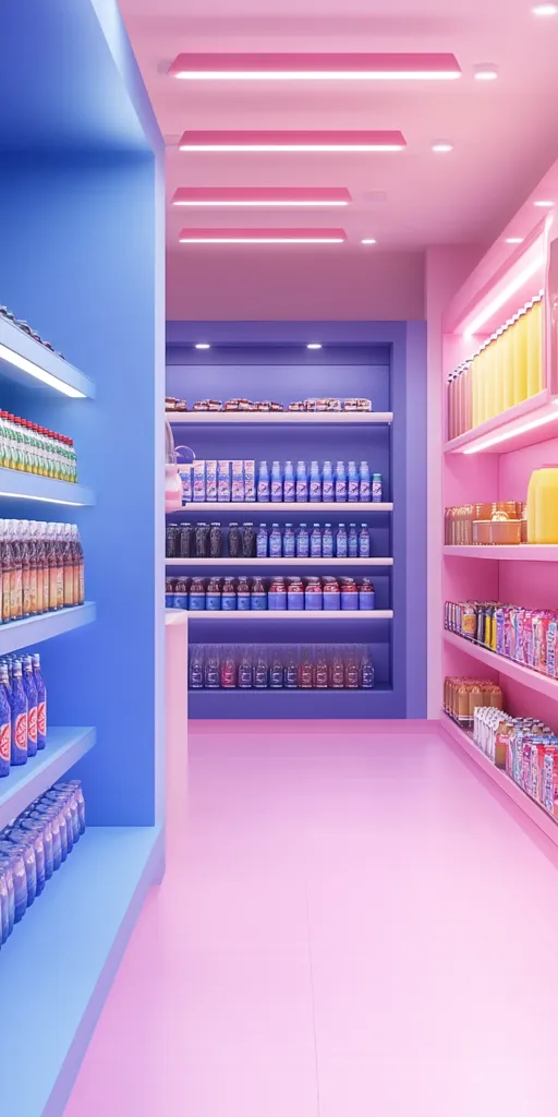 A pastel-colored mini-mart is depicted, with one side painted in light blue and the other in pink.  Shelves stocked with various drinks and snacks line the walls. The brightly lit space features a pink floor, creating a visually appealing and playful atmosphere.  The color contrast between the walls and the products enhances the overall aesthetic.