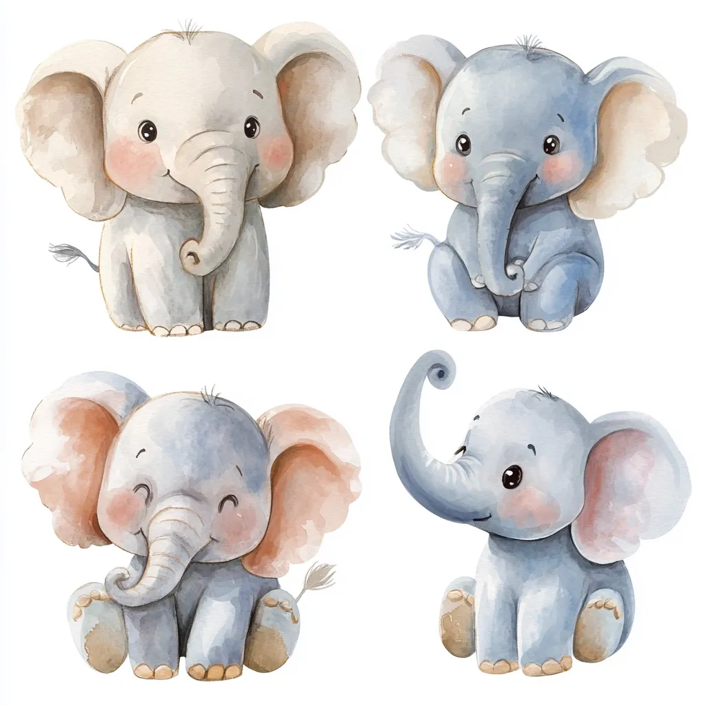 Four adorable baby elephants are depicted in watercolor style. Two are light gray, one is off-white, and one is a darker gray with a playful, curled trunk.  Each elephant has large ears and expressive eyes, sitting with a sweet demeanor.  The illustrations are charming and perfect for children's books or décor.