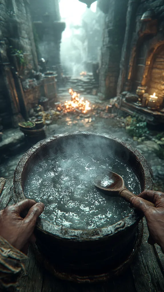 A large wooden bucket, brimming with steaming water, sits center frame.  A wooden spoon rests within the liquid.  The setting is a dimly lit, ancient stone alleyway, with a bonfire burning in the background.  The scene evokes a sense of age, mystery, and perhaps, potion-making.  The hands of a person, partially visible, hold the bucket.
