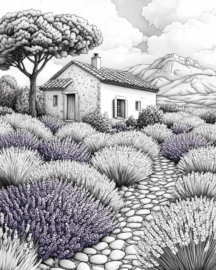 A charming stone cottage nestled amidst a vibrant lavender field is depicted in a detailed black and white illustration.  A winding stone path leads through the fragrant purple blooms, towards the small house. A lone tree stands guard, and distant mountains form a picturesque backdrop under a partly cloudy sky. The scene evokes a sense of tranquility and rural charm.