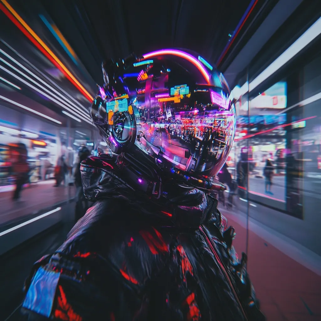 A futuristic figure, clad in a dark, high-tech jacket and helmet, stands in a vibrant, neon-lit city.  The helmet's visor reflects the bustling cityscape, creating a striking visual blend of reality and reflection.  Motion blur suggests movement, enhancing the dynamic atmosphere of this cyberpunk-inspired scene. The overall effect is a captivating portrayal of a technologically advanced urban environment.