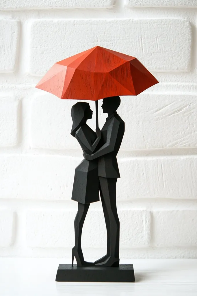 A geometric wooden sculpture depicts a couple embracing under a red umbrella.  The figures are stylized, black silhouettes with angular forms, suggesting a modern, minimalist aesthetic. The red umbrella adds a pop of color against the black and white backdrop, creating a visually striking piece suitable for home decor. The sculpture is presented on a black base against a white brick wall.