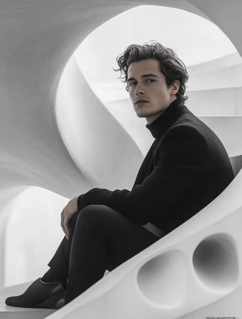 A young man with dark, wavy hair sits in a modern, sculptural white environment. He's dressed in a black turtleneck and trousers, his pose relaxed yet stylish.  The grayscale image emphasizes the contrast between his dark clothing and the bright, abstract backdrop, creating a striking visual. The overall mood is sophisticated and contemplative.