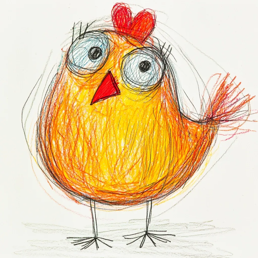 A whimsical crayon drawing depicts a cartoon chicken.  Its body is a vibrant yellow, textured with crayon strokes, and features large, expressive eyes and a small, red comb.  The chicken's tail is a fiery orange, mirroring the energy of its body.  Simple, spindly legs support its rounded form, contributing to its playful character. The overall style is childlike and endearing.
