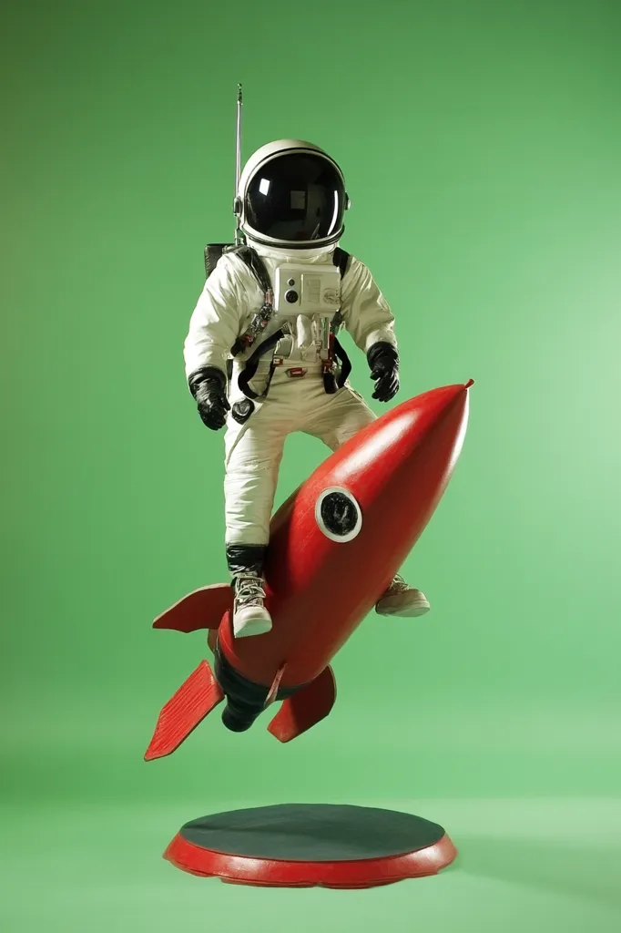 An astronaut in a vintage-style spacesuit sits atop a bright red toy rocket against a lime green backdrop.  The rocket is simple in design, with fins and a pointed nose. The astronaut appears to be floating, creating a whimsical and playful image. The scene is set on a small, circular red base, adding to the miniature feel.