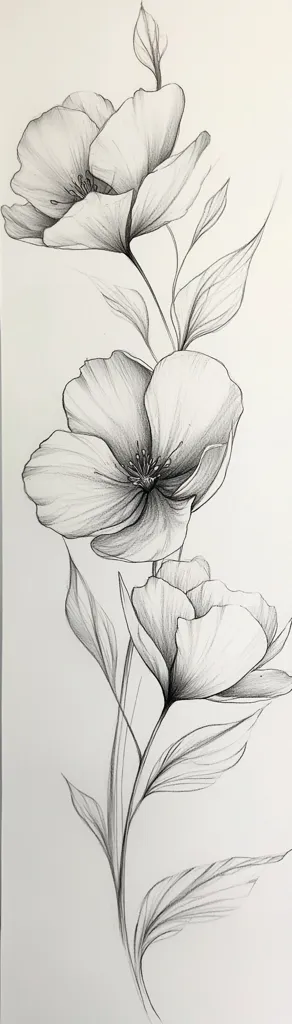 A delicate pencil sketch showcases a graceful arrangement of three stylized flowers.  The blossoms, rendered in varying shades of gray, possess delicate petals and subtly detailed centers.  Long, slender leaves extend from the stems, creating a flowing, elegant composition. The overall style is minimalist, emphasizing line and form to portray a sense of ethereal beauty.